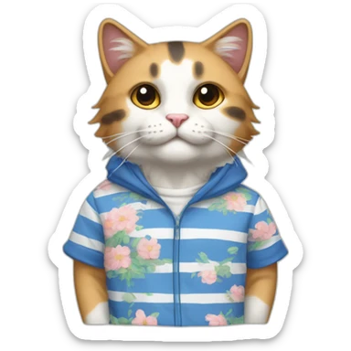 Purradise Meowscles is a buff calico anthropomorphic cat  he has a mullet, a floral designed t shirt that is unbuttoned and blue and white stripped shorts sticker