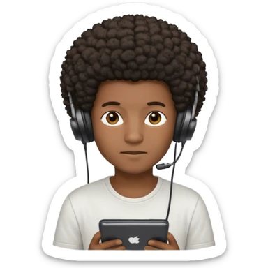 A dark-skinned boy with an afro, gamer , and ears, wearing a white shirt. sticker