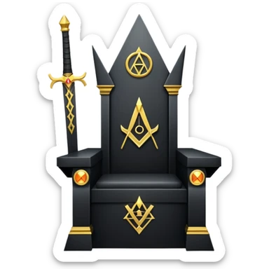 wide big iron black sword throne with gold accents and glowing Illuminati symbol sticker