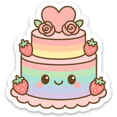 rainbow wedding cake with strawberries, pink roses, heart topper, kawaii style sticker