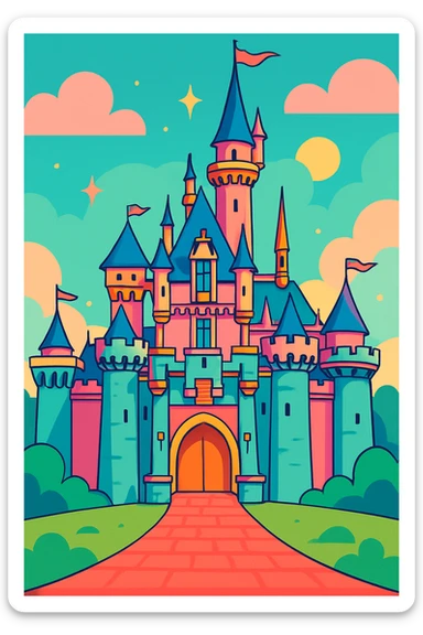 Disneyland castle, magical, pastel colors, whimsical, in a dreamy cartoon style sticker