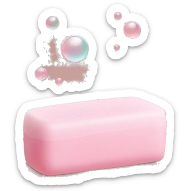 Light pink soap bar sitting on a soap holder, with soap bubbles  sticker
