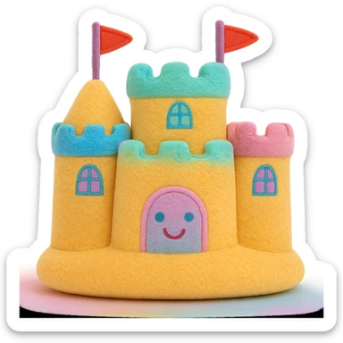 Make the plush jellycat sand castle toy more colorful with vibrant and pastel details, keep the soft plush look, no background, soft plush toy style sticker