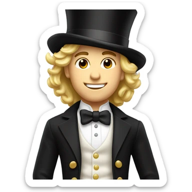 Young man with lively blond hair, colorful elegant in black with top hat sticker
