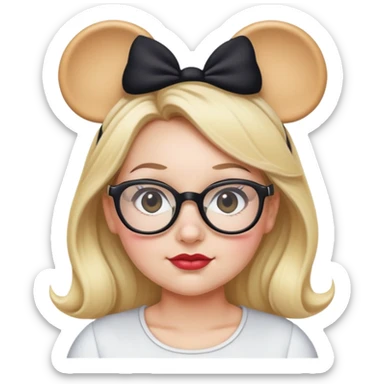 Thick Woman Hazel eyes glasses blonde hair wearing black Minnie mouse ears sticker