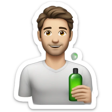 white skin men with mid brunette hair with a perfum bottle sticker