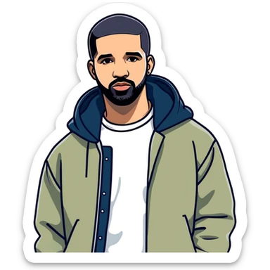 Toronto celebrity, actor and musician drake 2025 illustration, sticker. must be ultra hyperrealistic, and mirco-detailed, flat sticker design
 Must be 8k hd, 8000x8000px resolution. Must use very thin transparent smooth lines, around the illustration  sticker