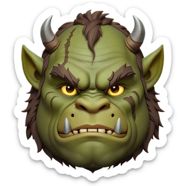 Cinematic Noble Ogre Portrait Emoji, Majestic and imposing, with a rugged, muscular form in deep earthy greens and browns, adorned with battle scars and subtle tribal markings, exuding calm, noble strength and unexpected wisdom, simplified yet strikingly detailed, glowing with a shadowy outline that captures the essence of a gentle giant with fierce heart! sticker