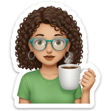 White girl with dark brown curly hair, brown eyes, sky blue glasses, nose piercing septum, green t shirt, drinking coffee from a cup sticker