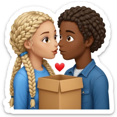darkskin girl with box braids kissing light skin boy with curly hair sticker