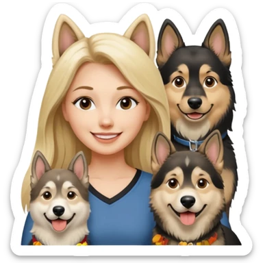 a lady, blonde long hair with 2 german shepards and one black and white alaskan malanute sticker