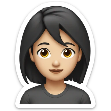 A head and shoulders shot of a 32 year old Asian woman, with long black hair,   with brown eyes wearing a t-shirt. sticker