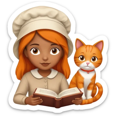 Brown girl wearing a bonnet reading a book with her orange cat laying next to her sticker