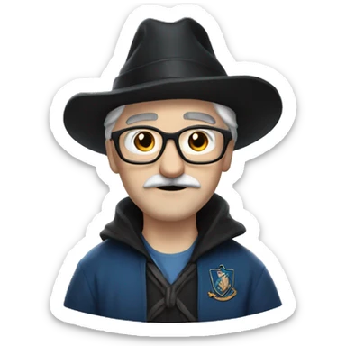 man with white skin,hair is straight and black, a black mustache, glasses, with a magic hat, ravenclaw sticker