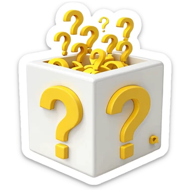 white cube shaped box printed with "q&a" over stuffed with yellow question marks sticker