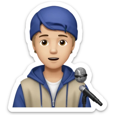 Justin Bieber, around 16, casual clothes, singing into mic sticker