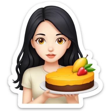 Beautiful girl with long black hair holding mango cake sticker