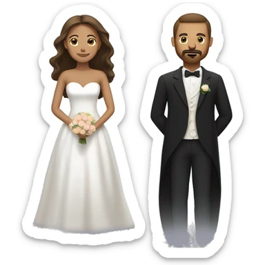 Wedding couple with woman with tan skin, black shoulder length and white man with brown hair, beard moustache sticker