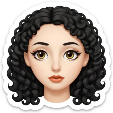 persona mujer con piel clara y rizos suaves color negro y largos  y sin volumen y con delineador en los ojos y con los labios medianos, ojos almendrados y nariz respringada y el fondo blanco sticker