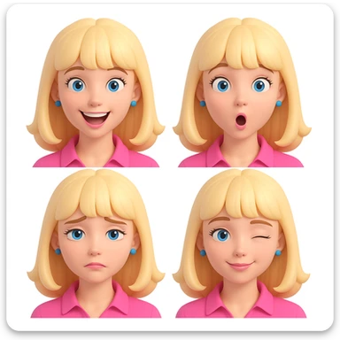 Create four different facial expressions: happy, surprised, sad, and winking. Keep the character with blonde hair with bangs, wearing a pink blouse, and having blue eyes. The style should resemble 3D emoji style as closely as possible. sticker