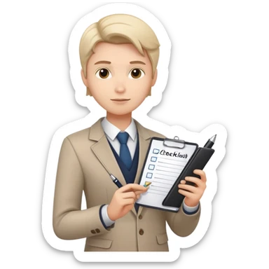 a person holding a checklist and pen, wearing smart casual clothing. The character is in a focused pose sticker