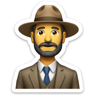 Un señor con barba,traje y camisa con barba portando un sombrero cuyo frente tiene el logotipo de jw.org sticker