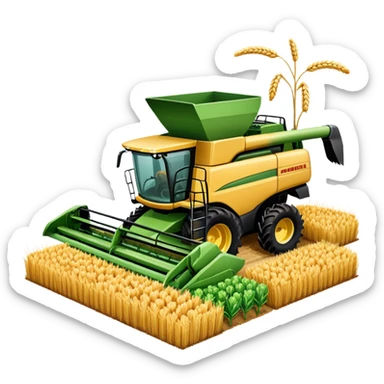 An icon featuring a wheat field, a combine harvester, fertilizer formulas, and plant cells, symbolizing agronomy. The design includes farming tools and crops, representing agricultural science, crop production, and plant biology. Transparent background highlights sustainable farming and growth. sticker