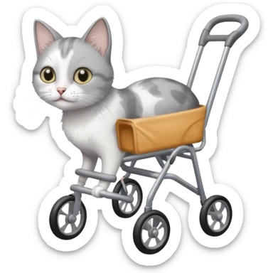 disabled grey and white small cat using a mobility walker for cats sticker