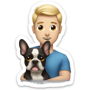 Man with blur eyes holding a blonde frenchie and a fluffy dark one  sticker