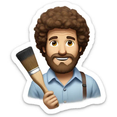 bob ross with brown hair, a brown beard, and holding a paintbrush sticker
