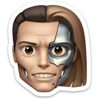 half-human half-Terminator face, metallic and skin tones split down the middle, subtle smile, no text sticker
