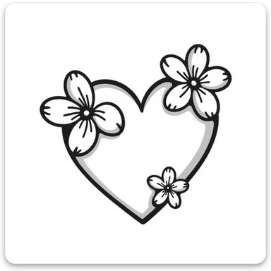 heart with sakura and silver accents, black doodle style sticker