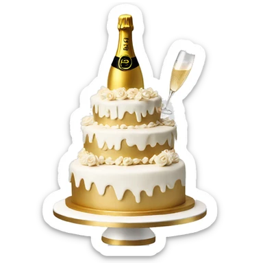 White and Gold 3 tier birthday cake and champagne sticker