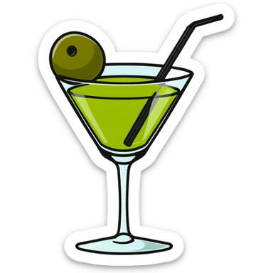 classic cocktail glass with perfectly clear colorless liquid like pure water, completely transparent with no tint, containing a green olive speared on a toothpick at the bottom sticker