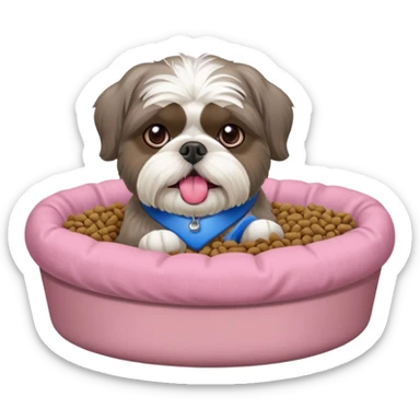 old ALL grey shih tzu in pink dog bed tongue hanging out near bowl of food sticker
