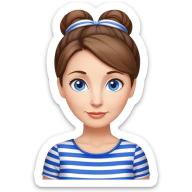 Pretty 50-year-old woman with blue and white striped miniskirt brown hair in bun blue eyes sticker