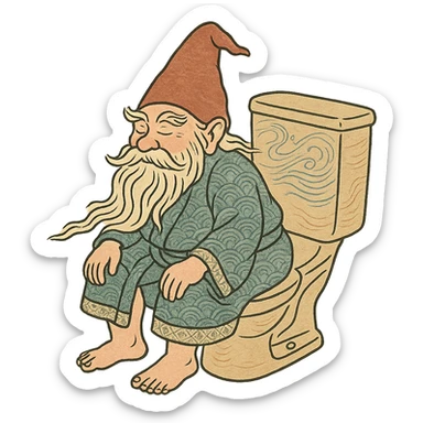 ukiyo-e inspired gnome on a toilet, magical realism, traditional Japanese illustration sticker