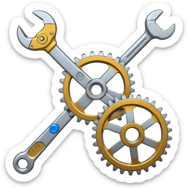 Wrench and gear merged into one tool,  sparks flying off the edges,  silver chrome metallic texture,  custom parts and bolts scattered around,  mechanical workshop energy sticker