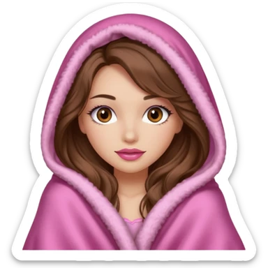 girl with long wavy brown hair, brown eyes, long lashes makeup, sexy pink lips, light to medium complexion, wearing a pink sexy silk top, big blanket over the head cozy holding a cat, remove the cat ears on the hood sticker