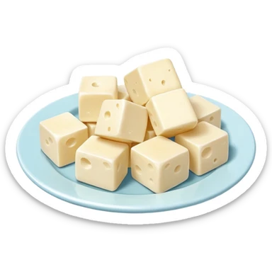 feta cheese cubes object icon, white cheese pieces on a small plate, 3D cartoon, mobile game icon style, clean background, no text, no watermark
 sticker