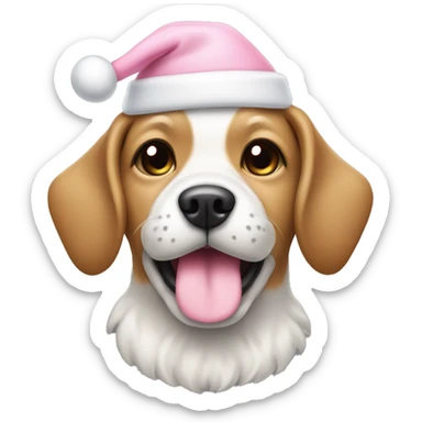 Dog with light pink Christmas hat and white bone in mouth sticker