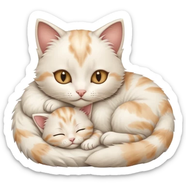 Highly detailed, ultra realistic, 3D rendering, fluffy white kitten, big hazel eyes, curled up sleeping with his mother sticker
