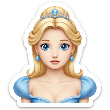 Cinematic Realistic Comical Cinderella Portrait, with every detail rendered realistically—from the soft, smooth texture of her fair skin to her artfully styled golden-blonde hair. Her bright blue eyes are wide with playful disbelief, and her expression carries a touch of whimsical humor while retaining elegant poise. Her classic ball gown, detailed with rich fabric textures and natural shadows, catches the light in a way that blends refined beauty with a hint of cheeky mischief, creating a striking, lifelike portrayal. sticker