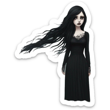 Dramatic girl  goth white pale with dark lighting  with black hair  in river with very very long lace dress  black long hair flying in the wind sad face  white eyes sticker