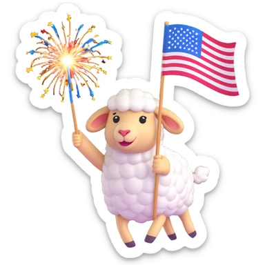 sheep emoji jumping with joy, holding an American flag, fireworks bursting behind sticker
