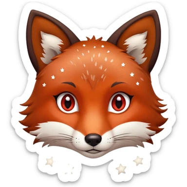 A brown fox face with a dark brown hair; white stars as freckles; red eyes  sticker