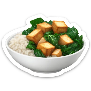 a bowl with white rice and crispy sesame tofu and spinach sticker