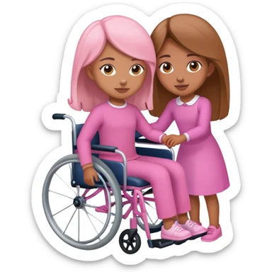 One tan skin sister pushing her light brown skin sister in a pink wheelchair sticker