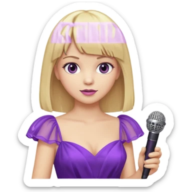 blonde woman with blonde straight hair and bangs in a purple pastry-like gown holding a microphone  sticker