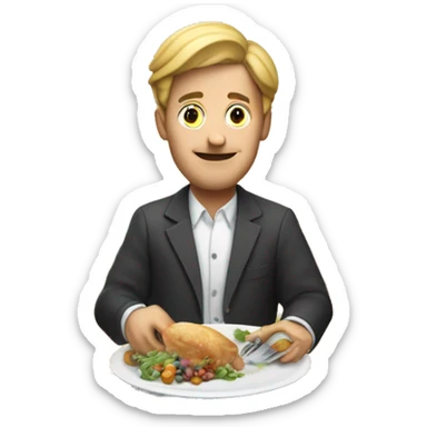 man at dinner table with cuttlery in his hands, money on the plate sticker